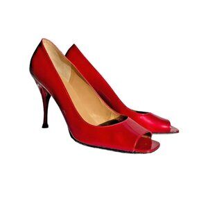 Stuart Weitzman candy apple red high heel shoes open toe Sz 9 1/2